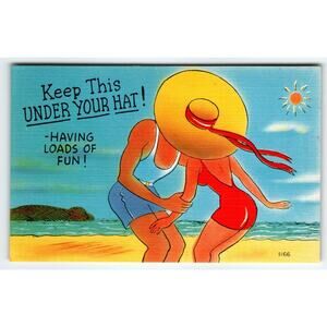 Keep This Under Your Hat - Having Loads of Fun! Beach Kiss Linen Postcard 1940's